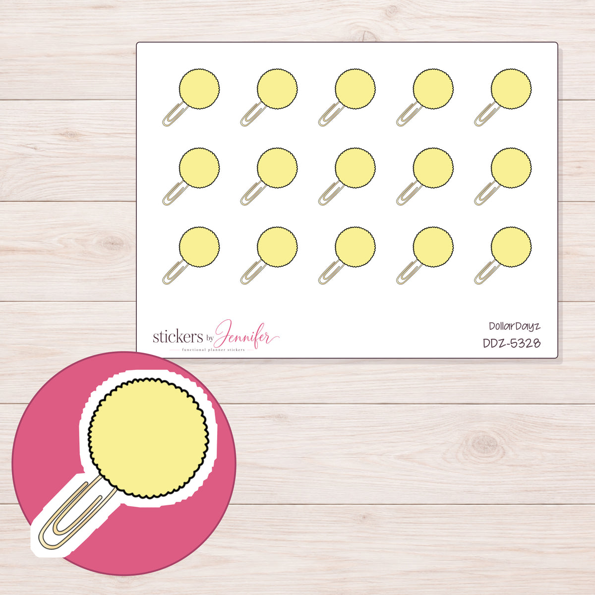 Yellow Pom Pom Paper Clip Planner Stickers | DDZ-5328 — 4 × 3 inch sheet and enlarged sticker detail