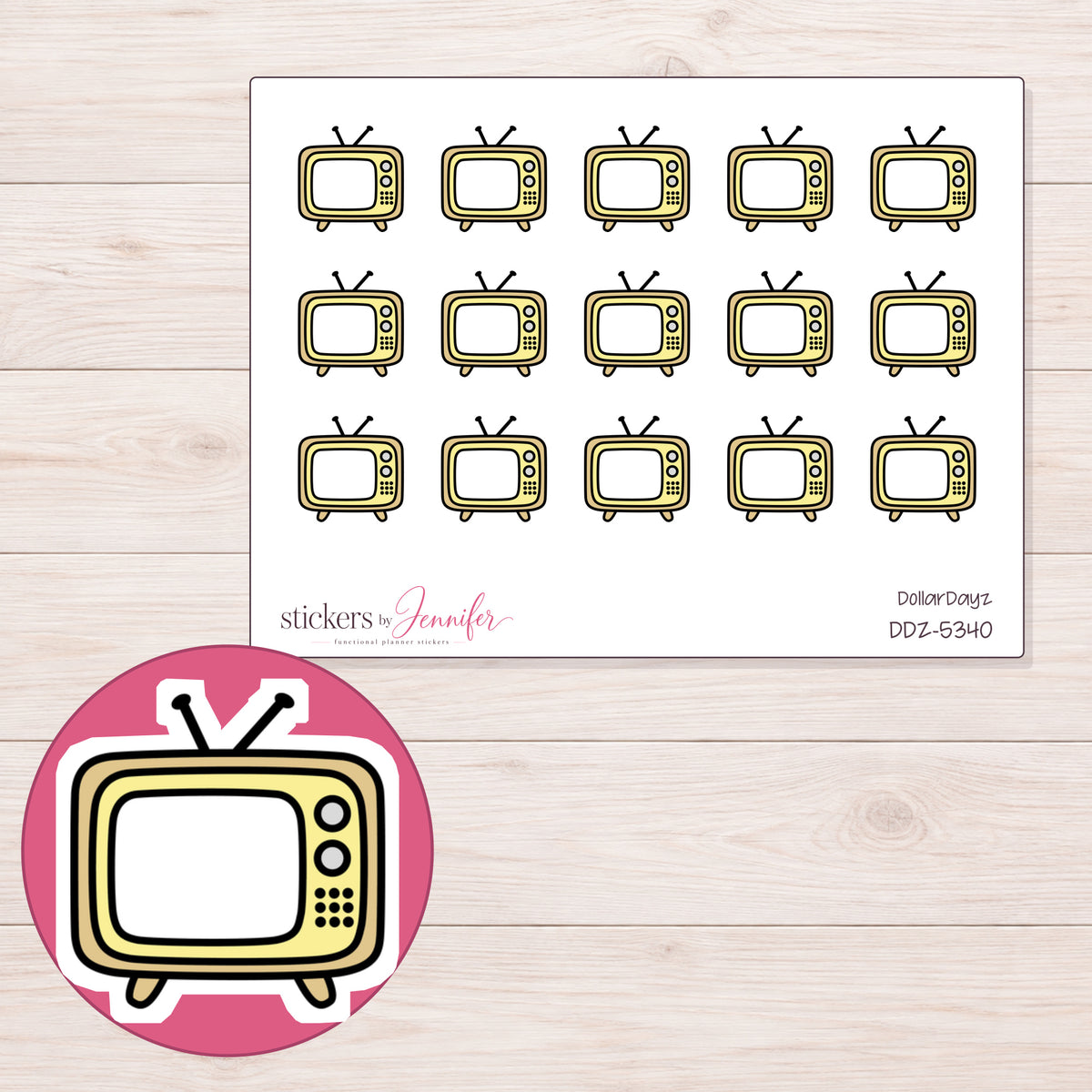 Yellow Retro Television Planner Stickers | DDZ-5340 — 4 × 3 inch sheet and enlarged sticker detail