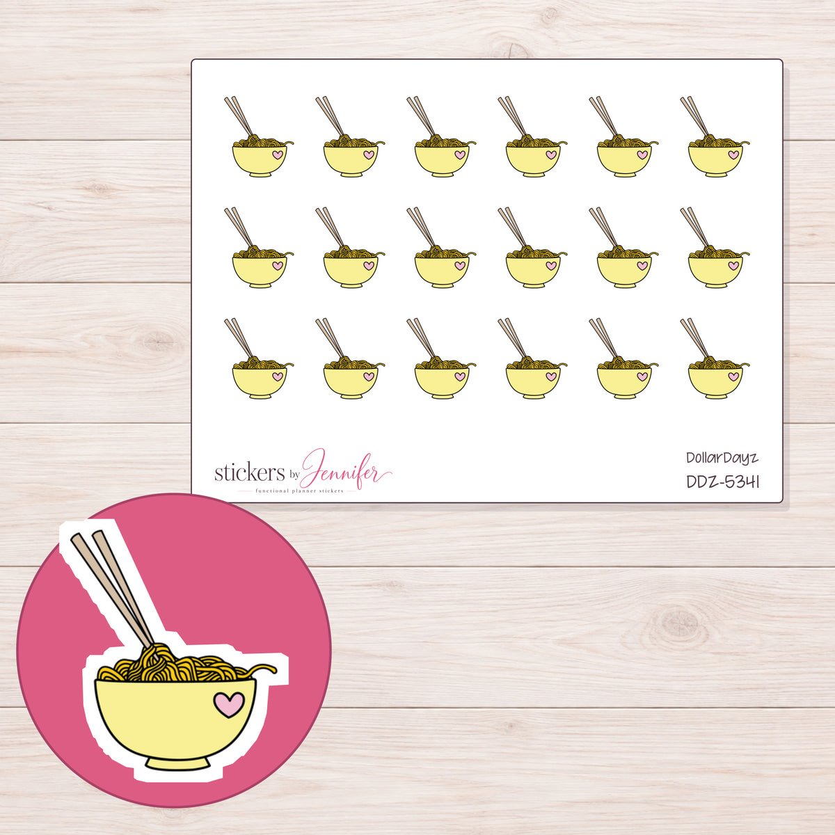 Yellow Ramen Bowl Planner Stickers | DDZ-5341 — 4 × 3 inch sheet and enlarged sticker detail