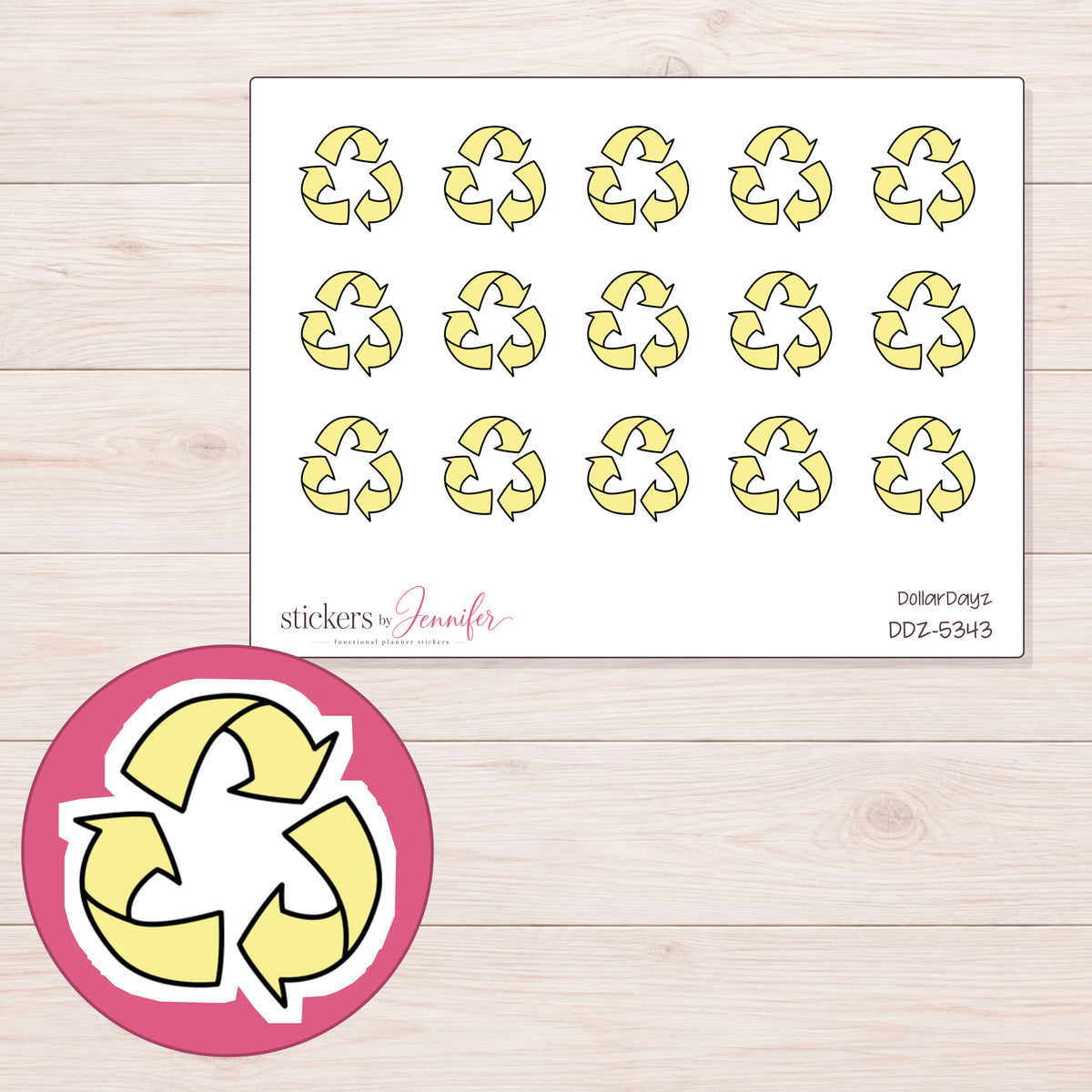 Yellow Recycling Symbol Planner Stickers | DDZ-5343 — 4 × 3 inch sheet and enlarged sticker detail