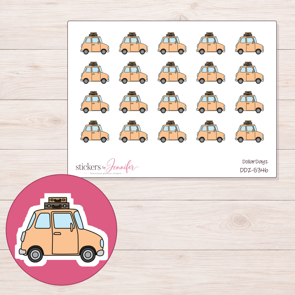 Peach Road Trip Car Planner Stickers | DDZ-5346 — 4 × 3 inch sheet and enlarged sticker detail