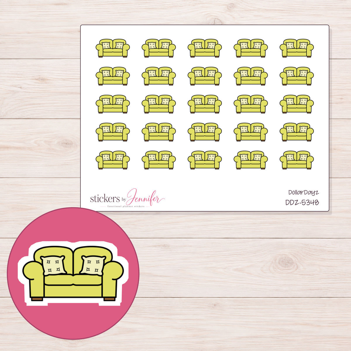 Yellow Sofa Planner Stickers | DDZ-5348 — 4 × 3 inch sheet and enlarged sticker detail