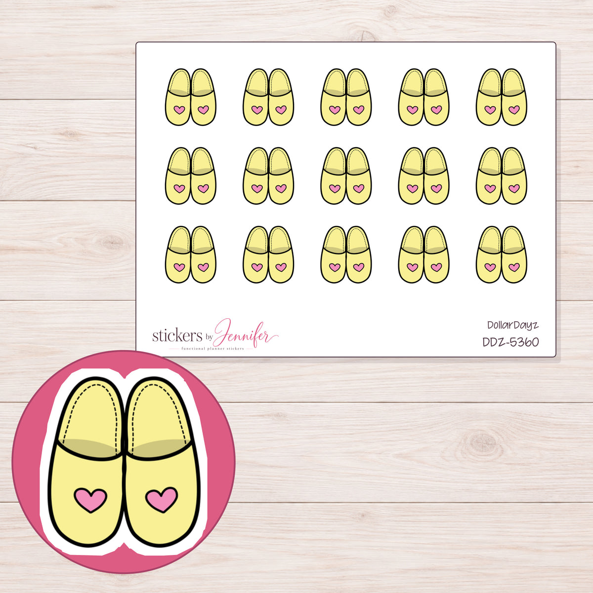 Yellow Heart Slippers Planner Stickers | DDZ-5360 — 4 × 3 inch sheet and enlarged sticker detail
