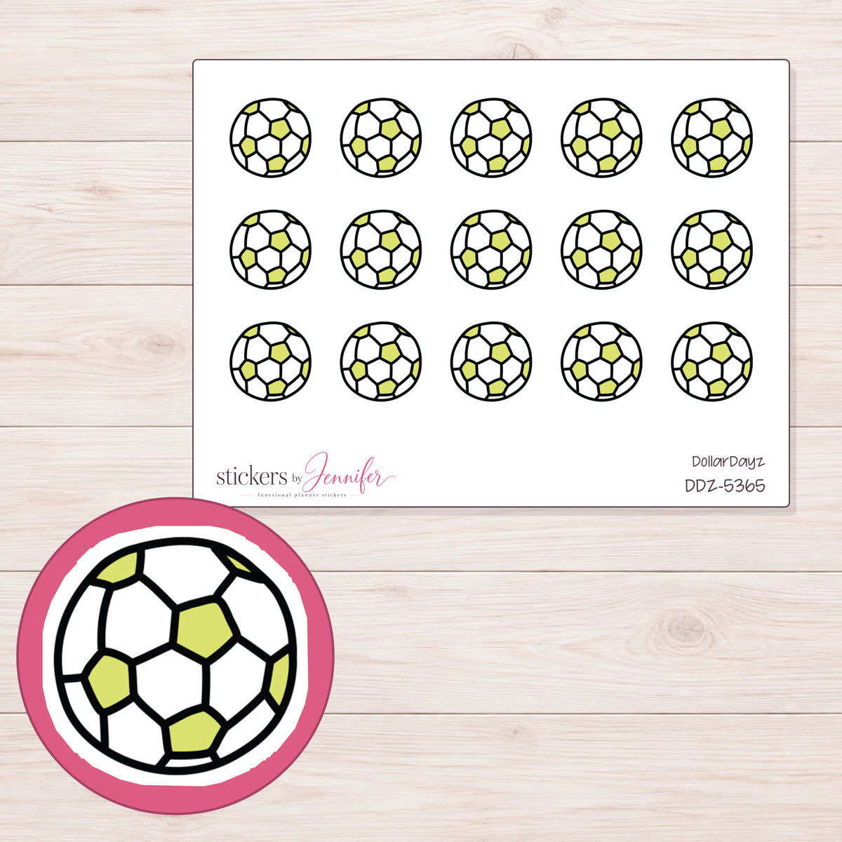 Yellow Soccer Ball Planner Stickers | DDZ-5365 — 4 × 3 inch sheet and enlarged sticker detail