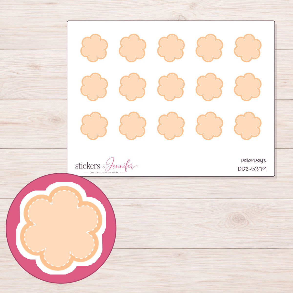Peach Stitched Flower Planner Stickers | DDZ-5379 — 4 × 3 inch sheet and enlarged sticker detail