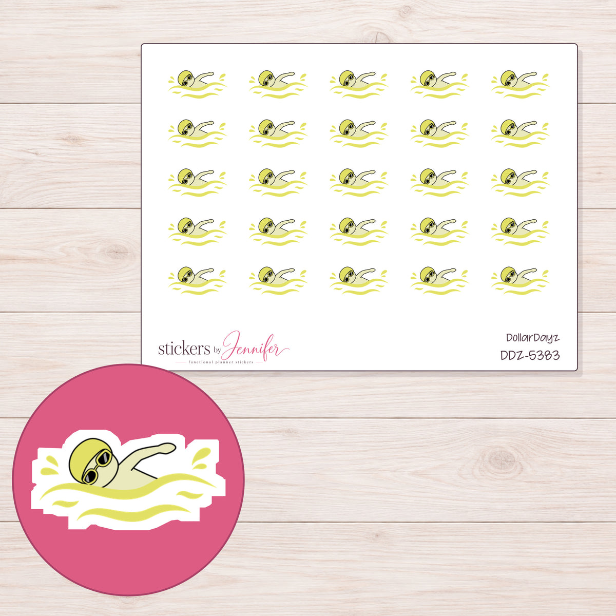 Yellow Swimmer Planner Stickers | DDZ-5383 — 4 × 3 inch sheet and enlarged sticker detail
