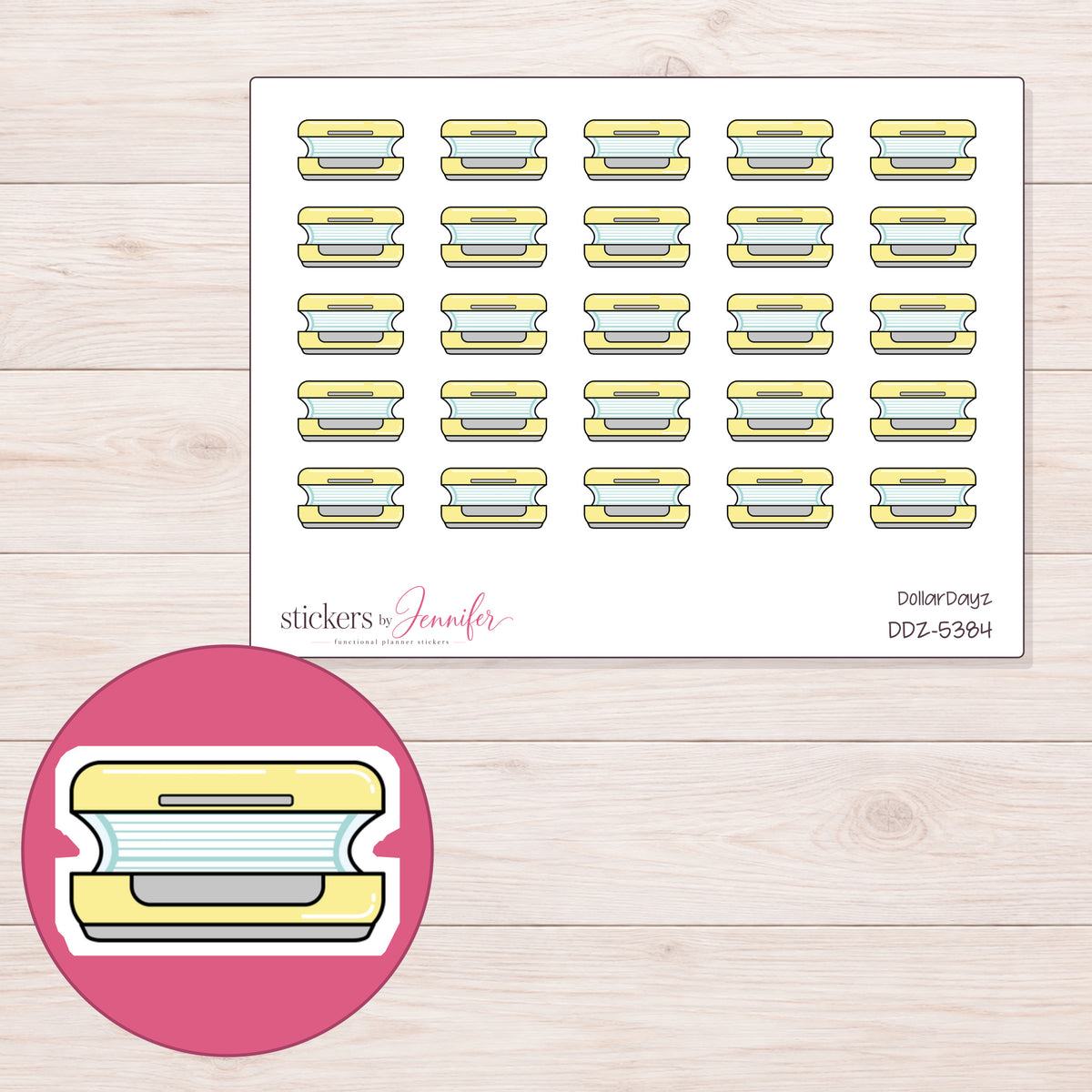 Yellow Tanning Bed Planner Stickers | DDZ-5384 — 4 × 3 inch sheet and enlarged sticker detail