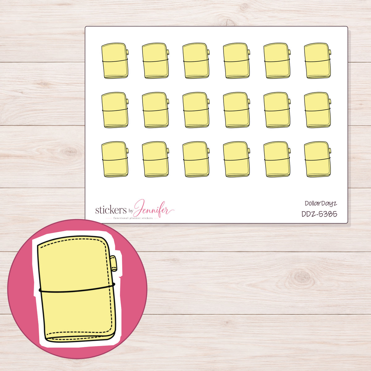 Yellow Travelers Notebook Planner Stickers | DDZ-5385 — 4 × 3 inch sheet and enlarged sticker detail