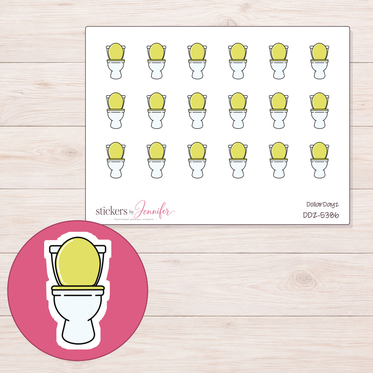 Yellow Toilet Planner Stickers | DDZ-5386 — 4 × 3 inch sheet and enlarged sticker detail