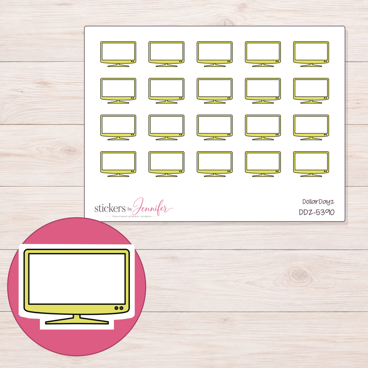 Yellow Flat Screen Television Planner Stickers | DDZ-5390 — 4 × 3 inch sheet and enlarged sticker detail