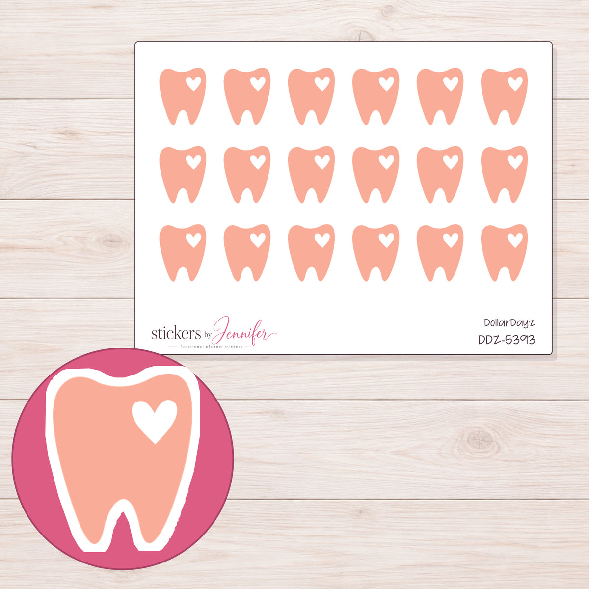 Peach Heart Tooth Planner Stickers | DDZ-5393 — 4 × 3 inch sheet and enlarged sticker detail