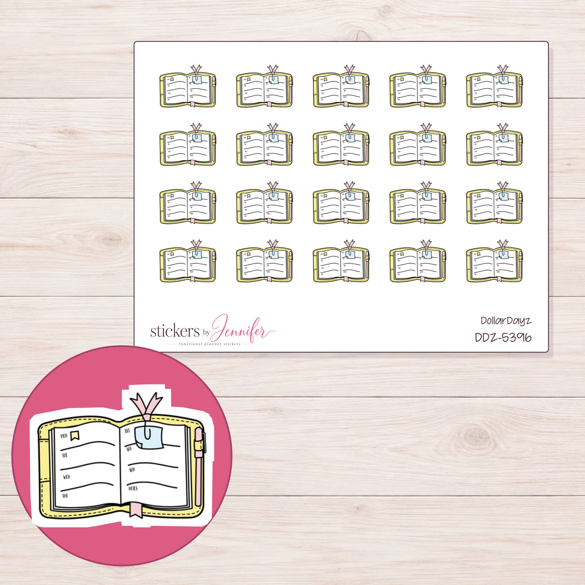 Open Yellow Planning Book Planner Stickers | DDZ-5396 — 4 × 3 inch sheet and enlarged sticker detail