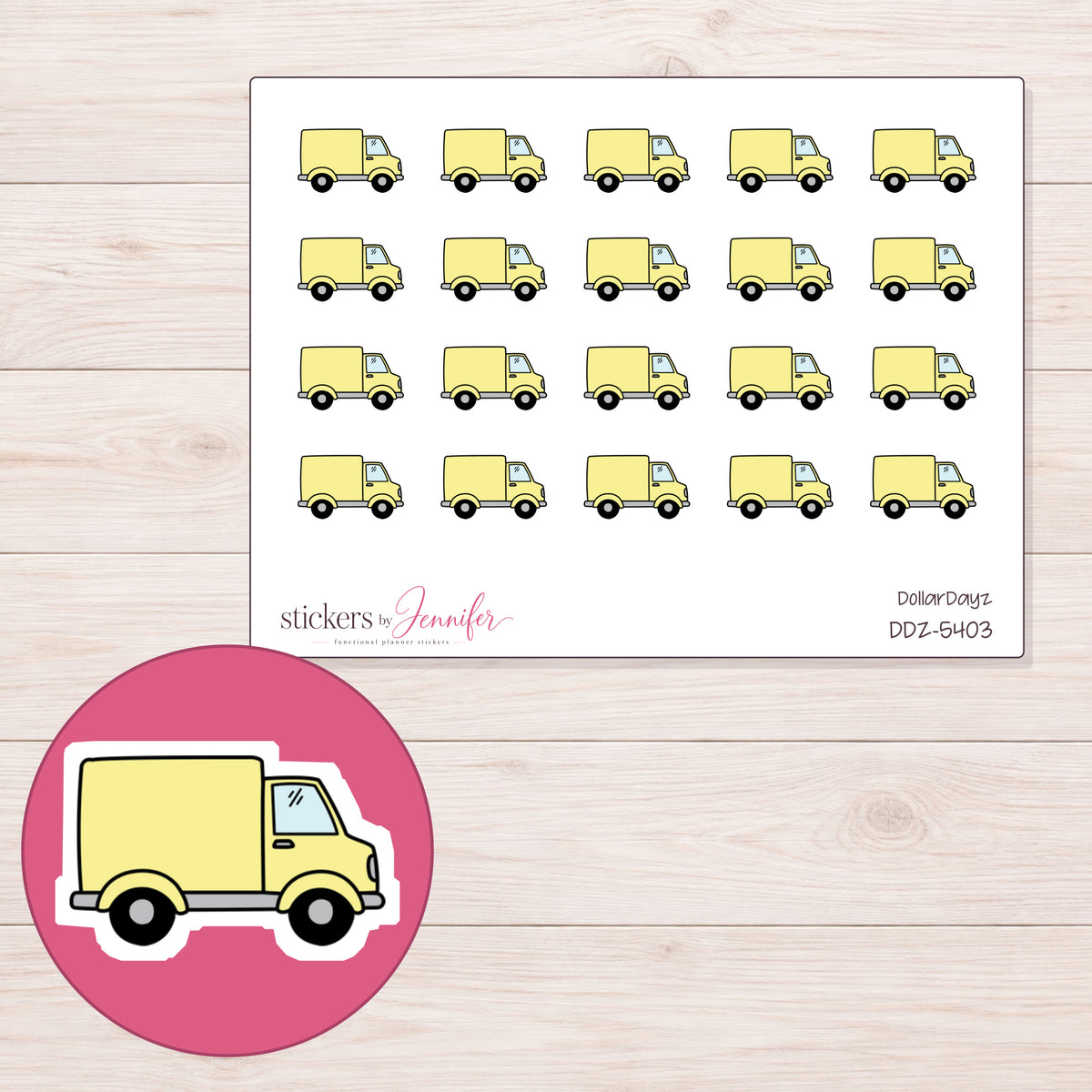 Yellow Delivery Truck Planner Stickers | DDZ-5403 — 4 × 3 inch sheet and enlarged sticker detail