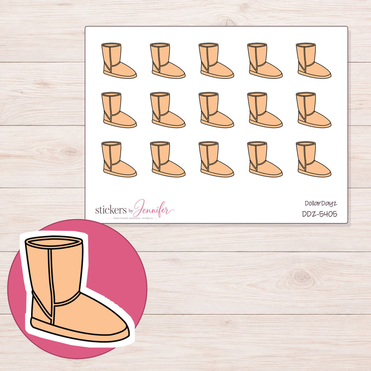 Peach Cozy Boot Planner Stickers | DDZ-5405 — 4 × 3 inch sheet and enlarged sticker detail