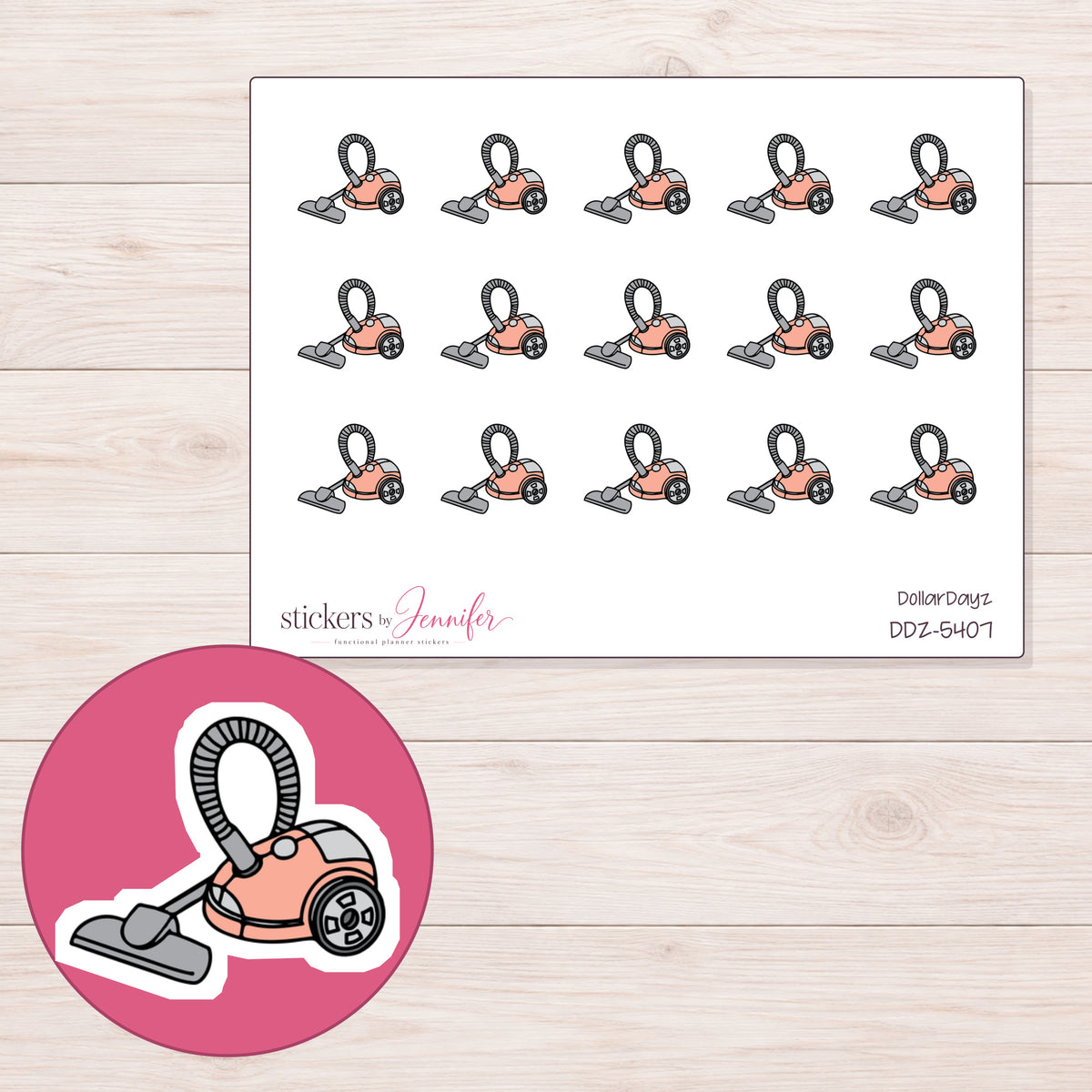 Peach Vacuum Planner Stickers | DDZ-5407 — 4 × 3 inch sheet and enlarged sticker detail