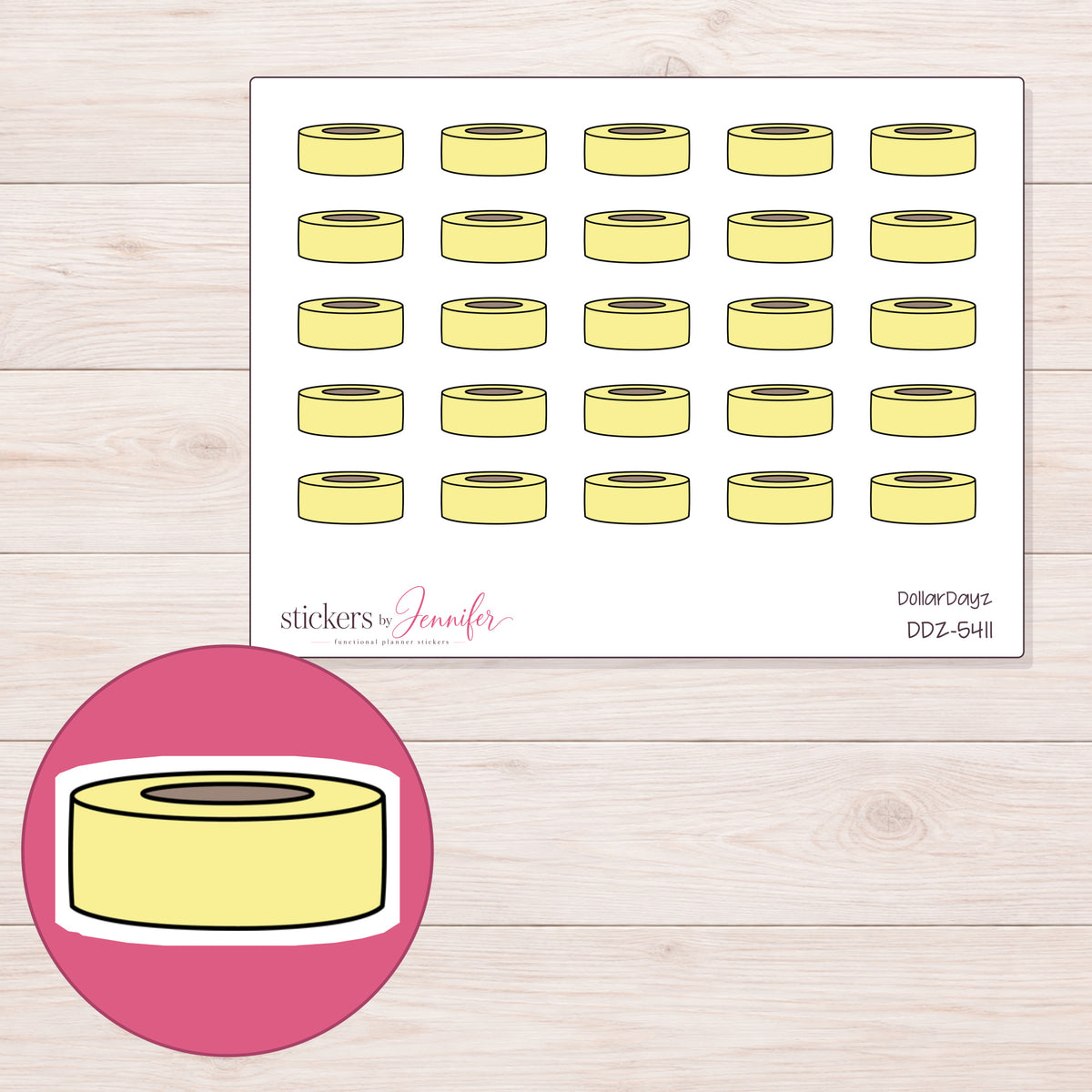 Yellow Washi Roll Planner Stickers | DDZ-5411 — 4 × 3 inch sheet and enlarged sticker detail