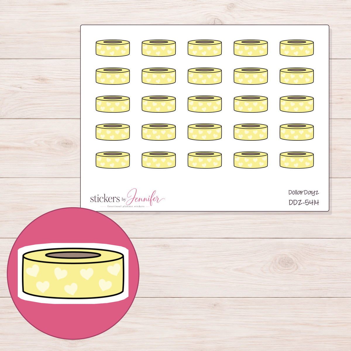 Yellow Heart Washi Roll Planner Stickers | DDZ-5414 — 4 × 3 inch sheet and enlarged sticker detail