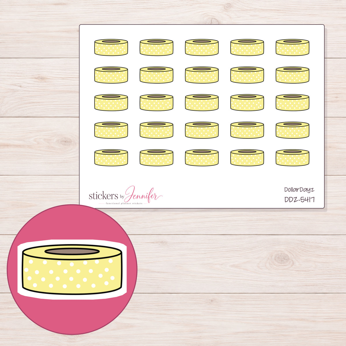 Yellow Polka Dot Washi Roll Planner Stickers | DDZ-5417 — 4 × 3 inch sheet and enlarged sticker detail