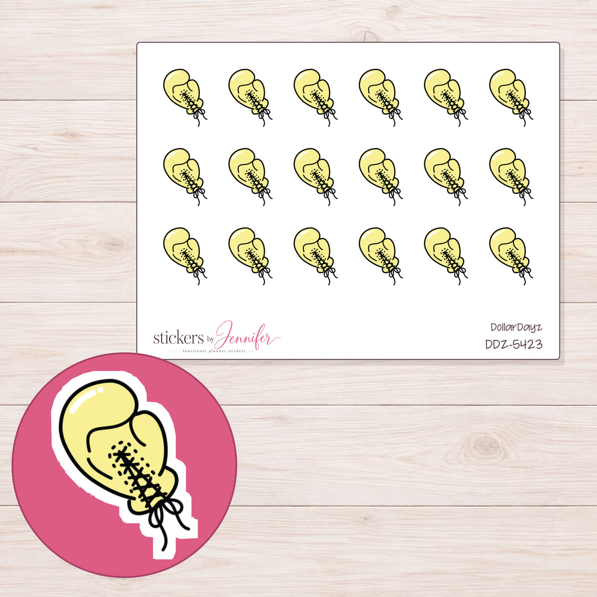 Yellow Boxing Glove Planner Stickers | DDZ-5423 — 4 × 3 inch sheet and enlarged sticker detail