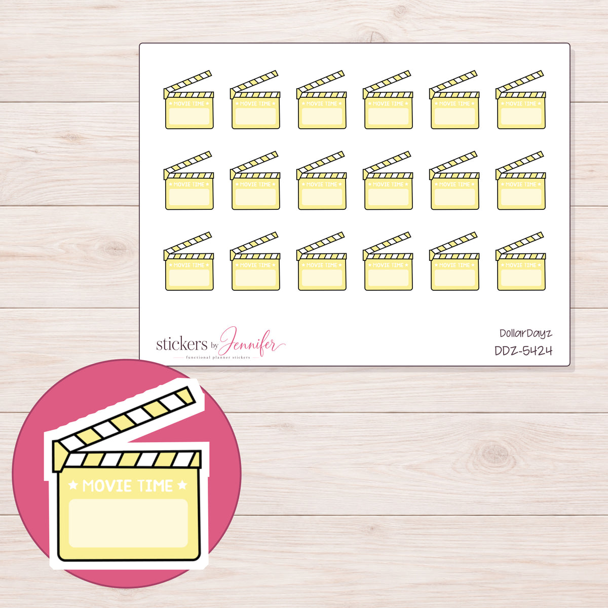 Yellow Movie Clapperboard Planner Stickers | DDZ-5424 — 4 × 3 inch sheet and enlarged sticker detail