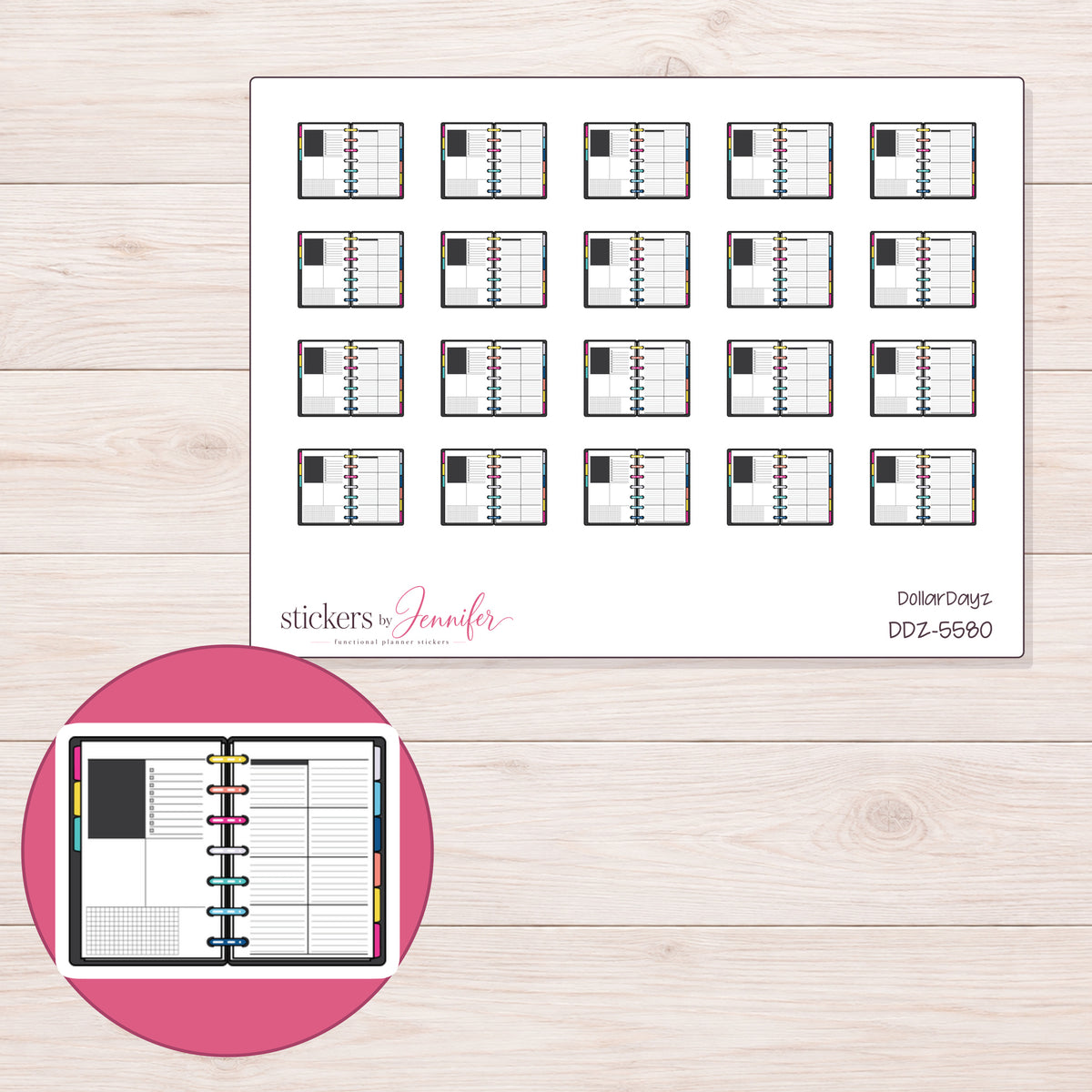 DDZ-5580 planner sticker sheet with enlarged sticker detail