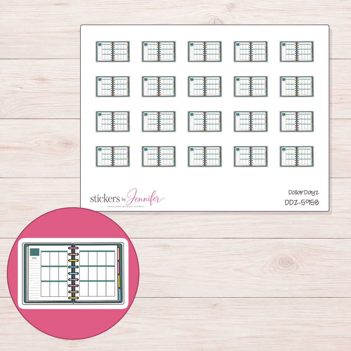 DDZ-5958 planner sticker sheet with enlarged sticker detail
