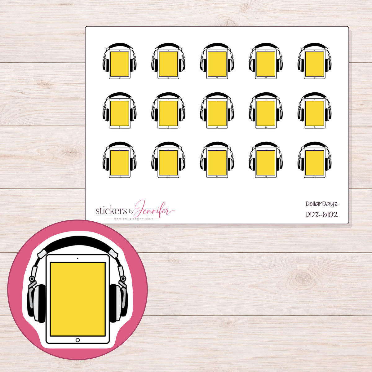 DDZ-6102 planner sticker sheet with enlarged sticker detail