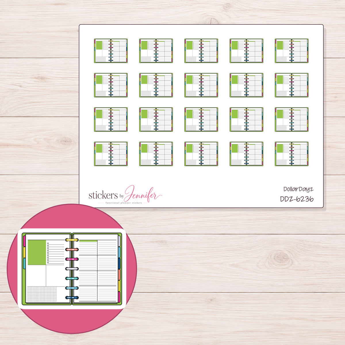 DDZ-6236 planner sticker sheet with enlarged sticker detail