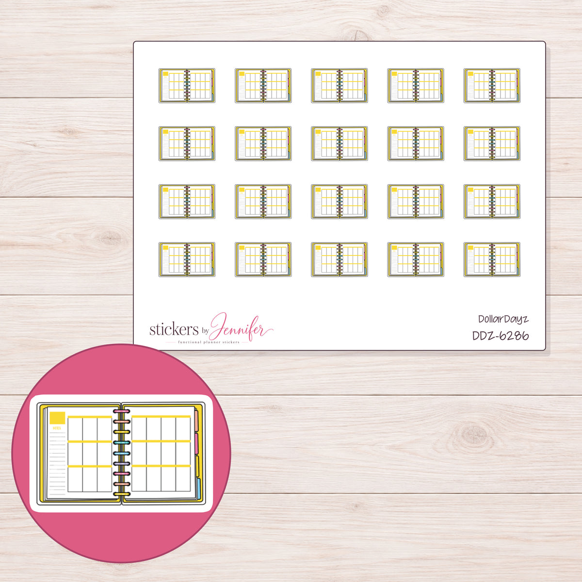 DDZ-6286 planner sticker sheet with enlarged sticker detail