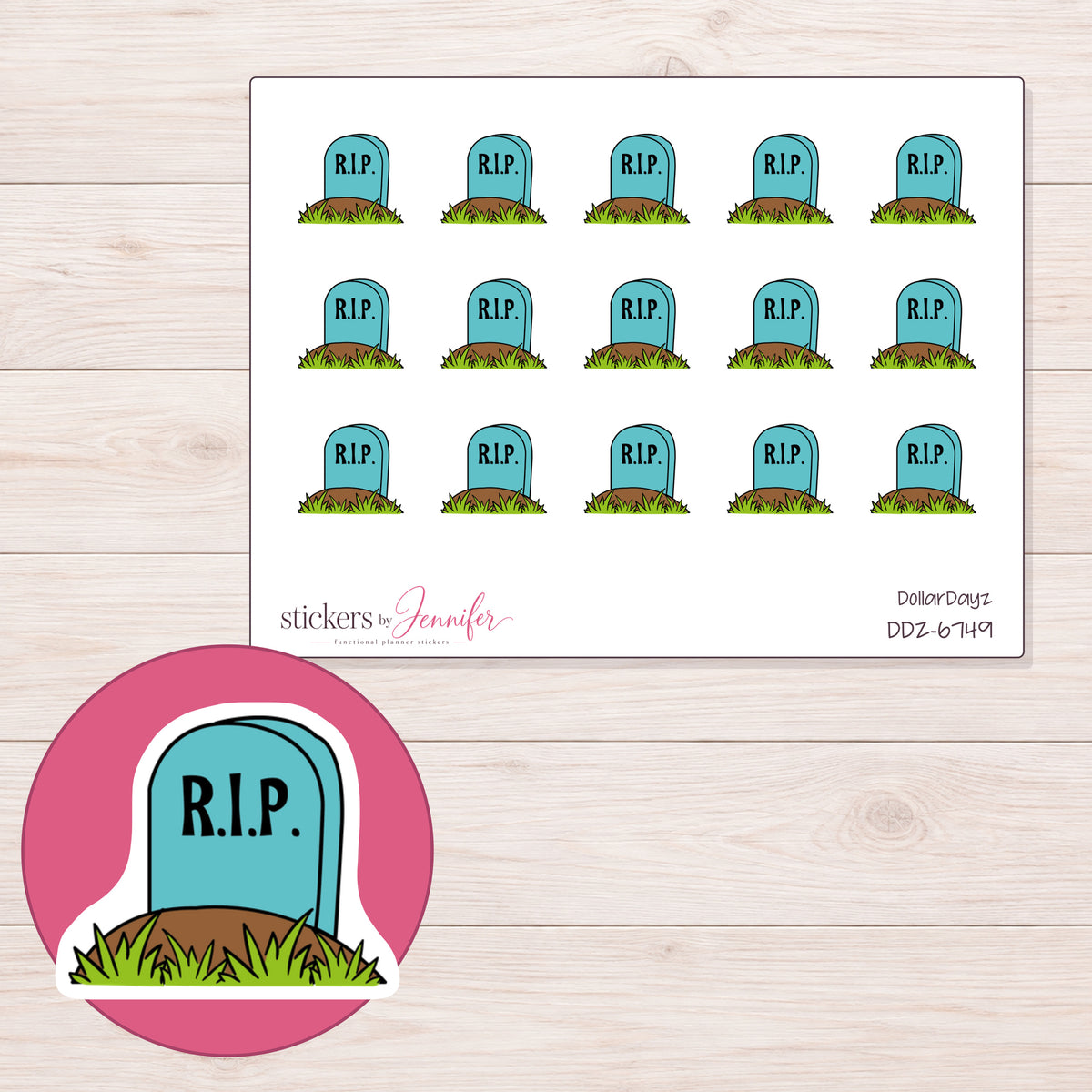 DDZ-6749 planner sticker sheet with enlarged sticker detail