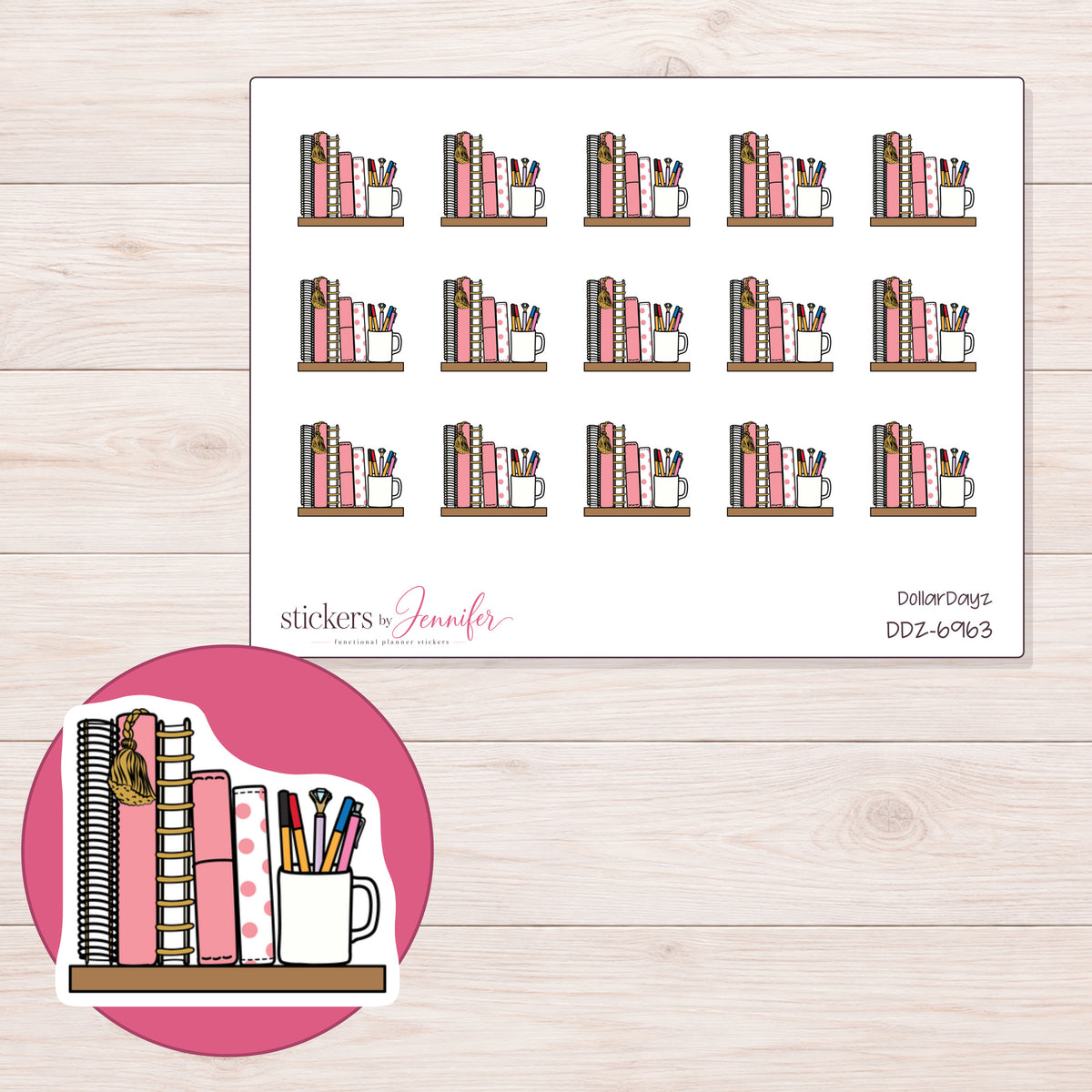 DDZ-6963 planner sticker sheet with enlarged sticker detail