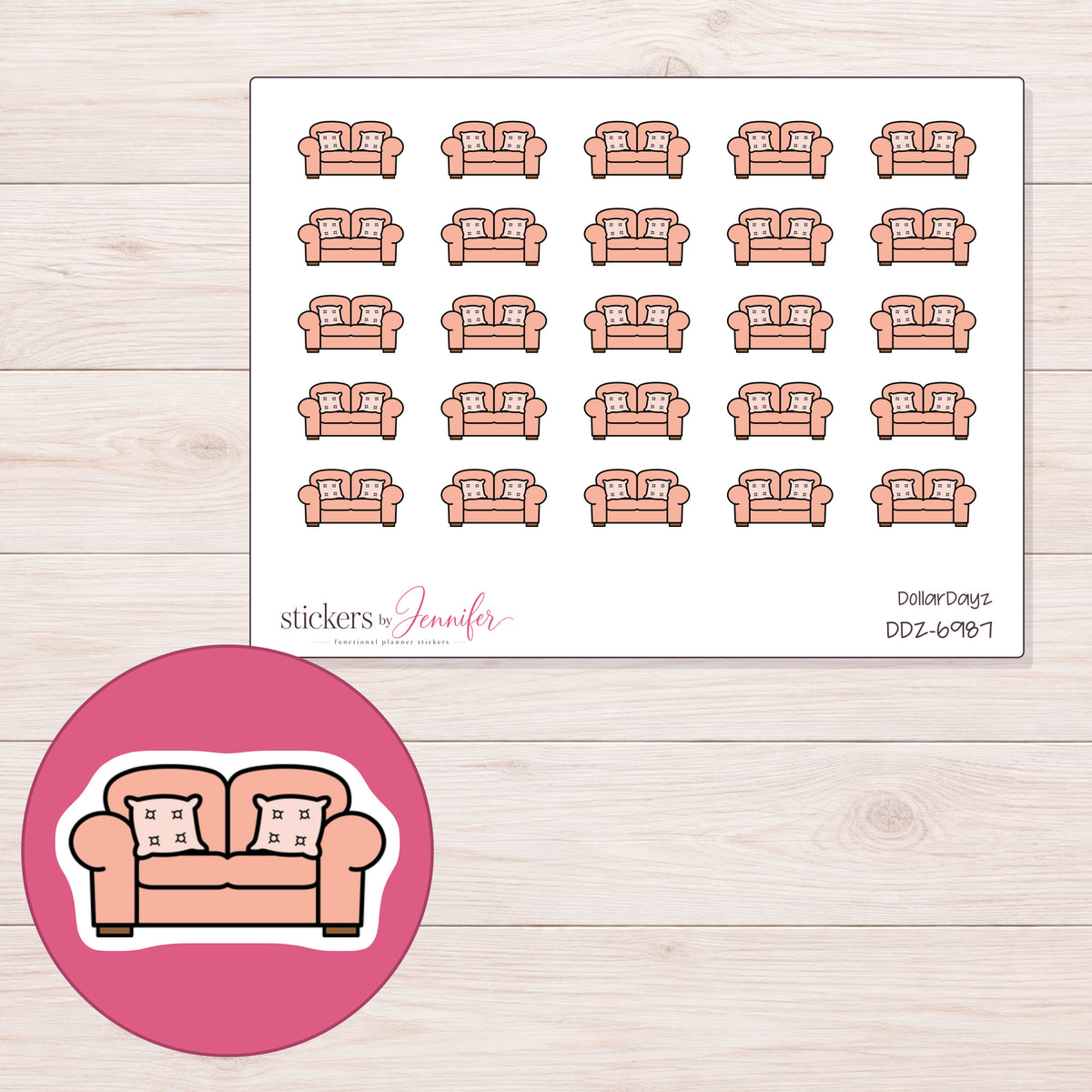 DDZ-6987 planner sticker sheet with enlarged sticker detail