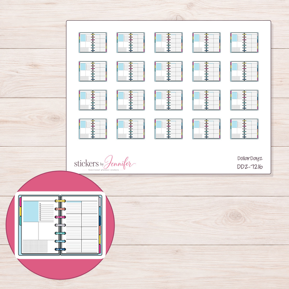 DDZ-7216 planner sticker sheet with enlarged sticker detail