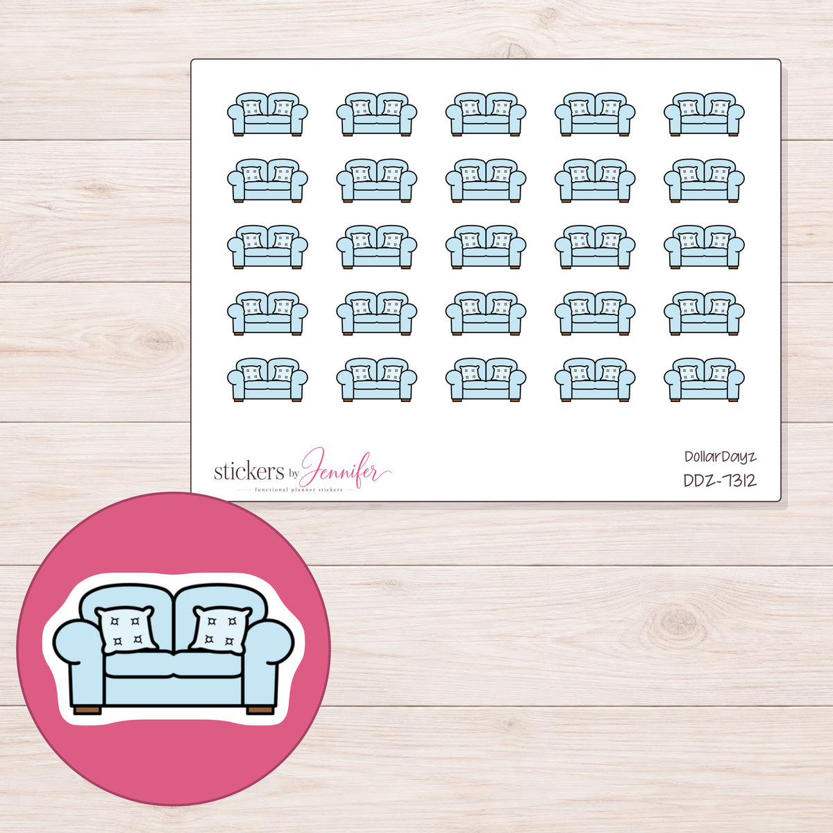 DDZ-7312 planner sticker sheet with enlarged sticker detail