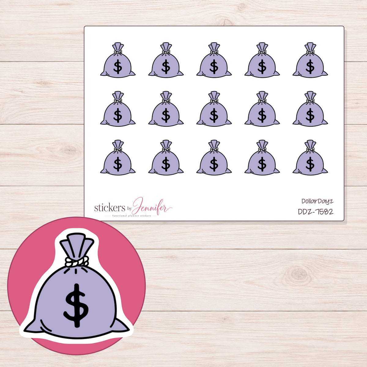 DDZ-7582 planner sticker sheet with enlarged sticker detail