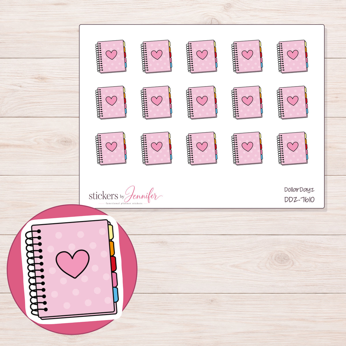 DDZ-7610 planner sticker sheet with enlarged sticker detail