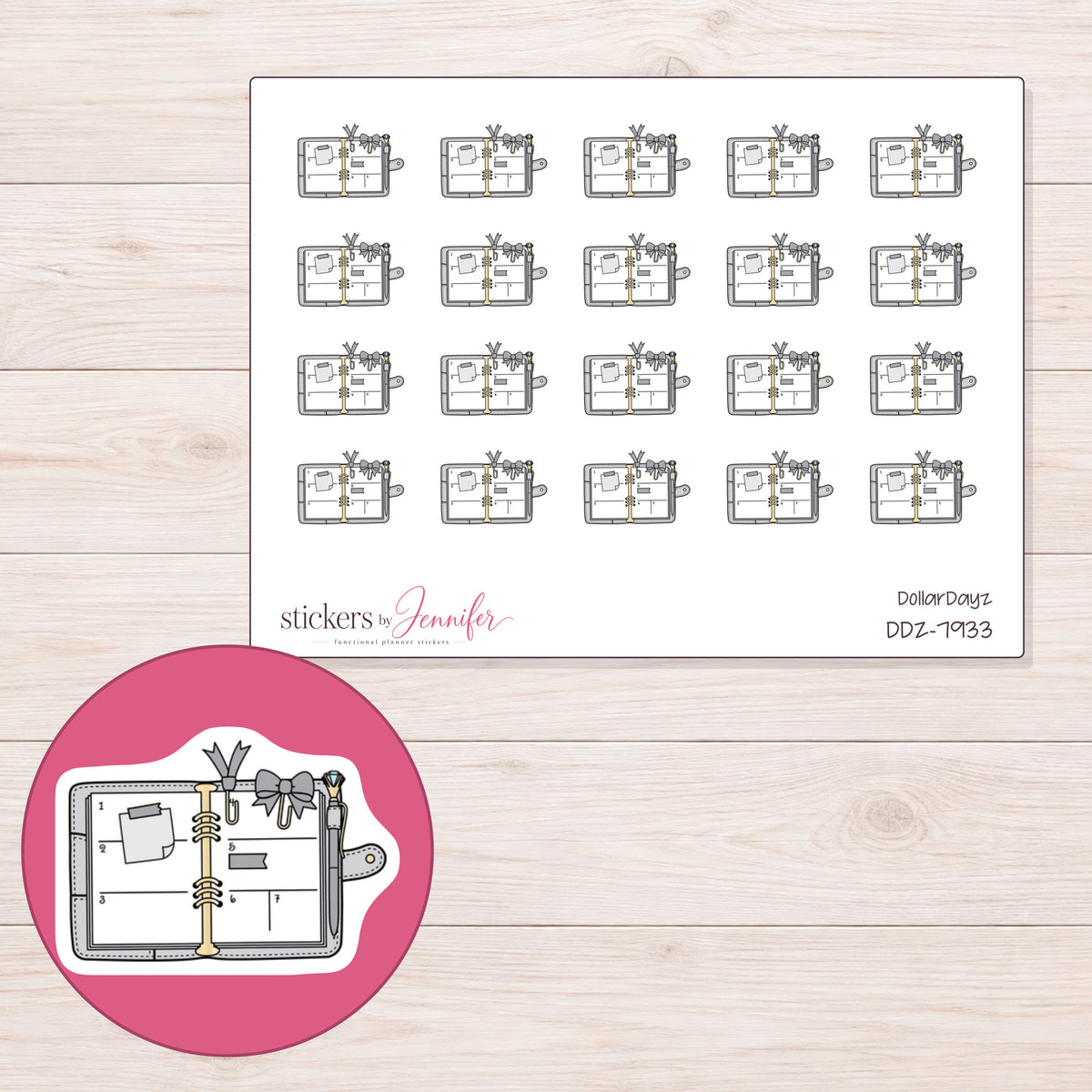 DDZ-7933 planner sticker sheet with enlarged sticker detail
