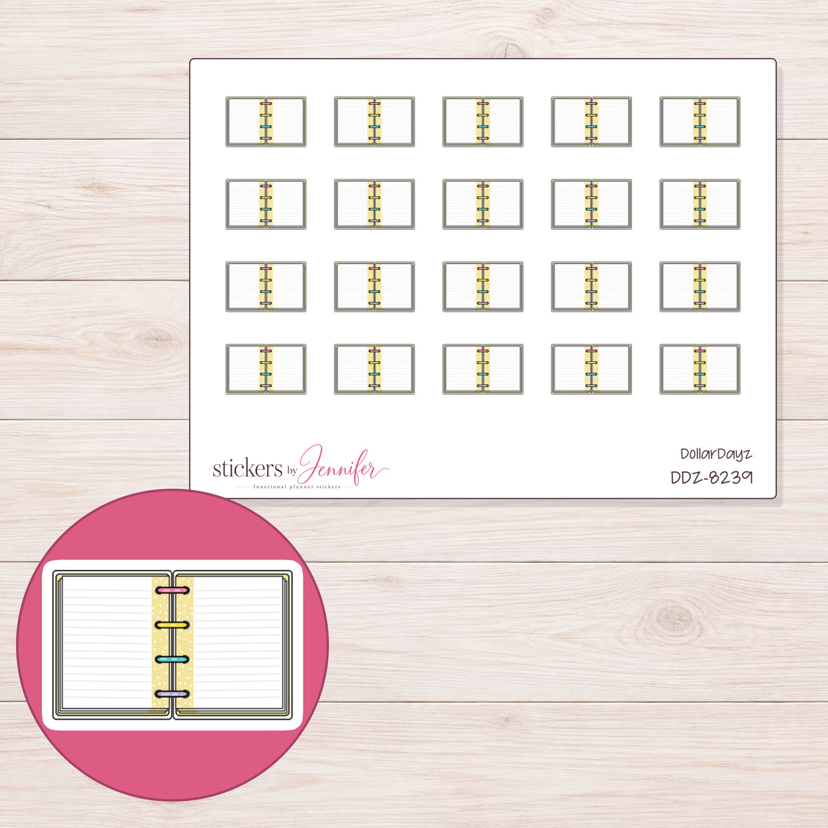 DDZ-8239 planner sticker sheet with enlarged sticker detail
