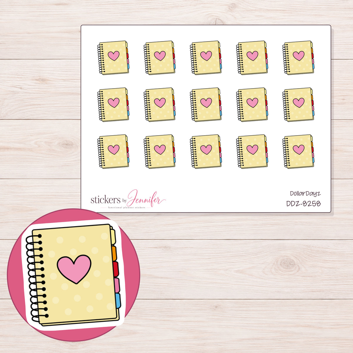 DDZ-8258 planner sticker sheet with enlarged sticker detail