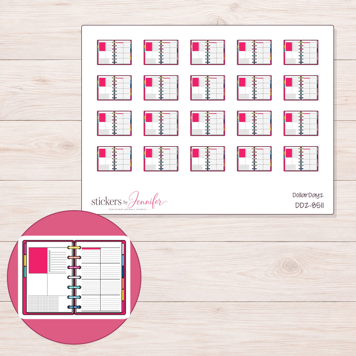 DDZ-8511 planner sticker sheet with enlarged sticker detail