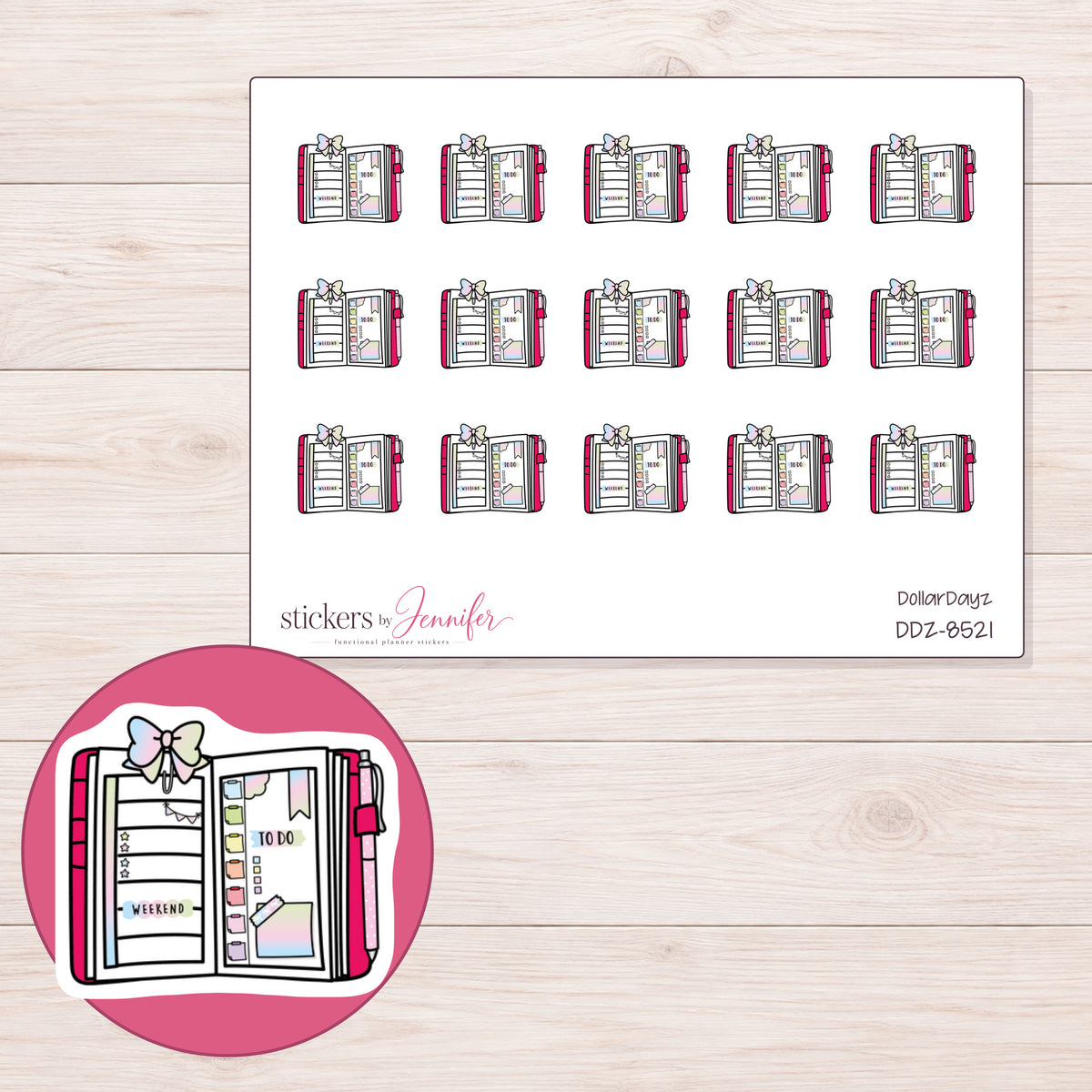 DDZ-8521 planner sticker sheet with enlarged sticker detail
