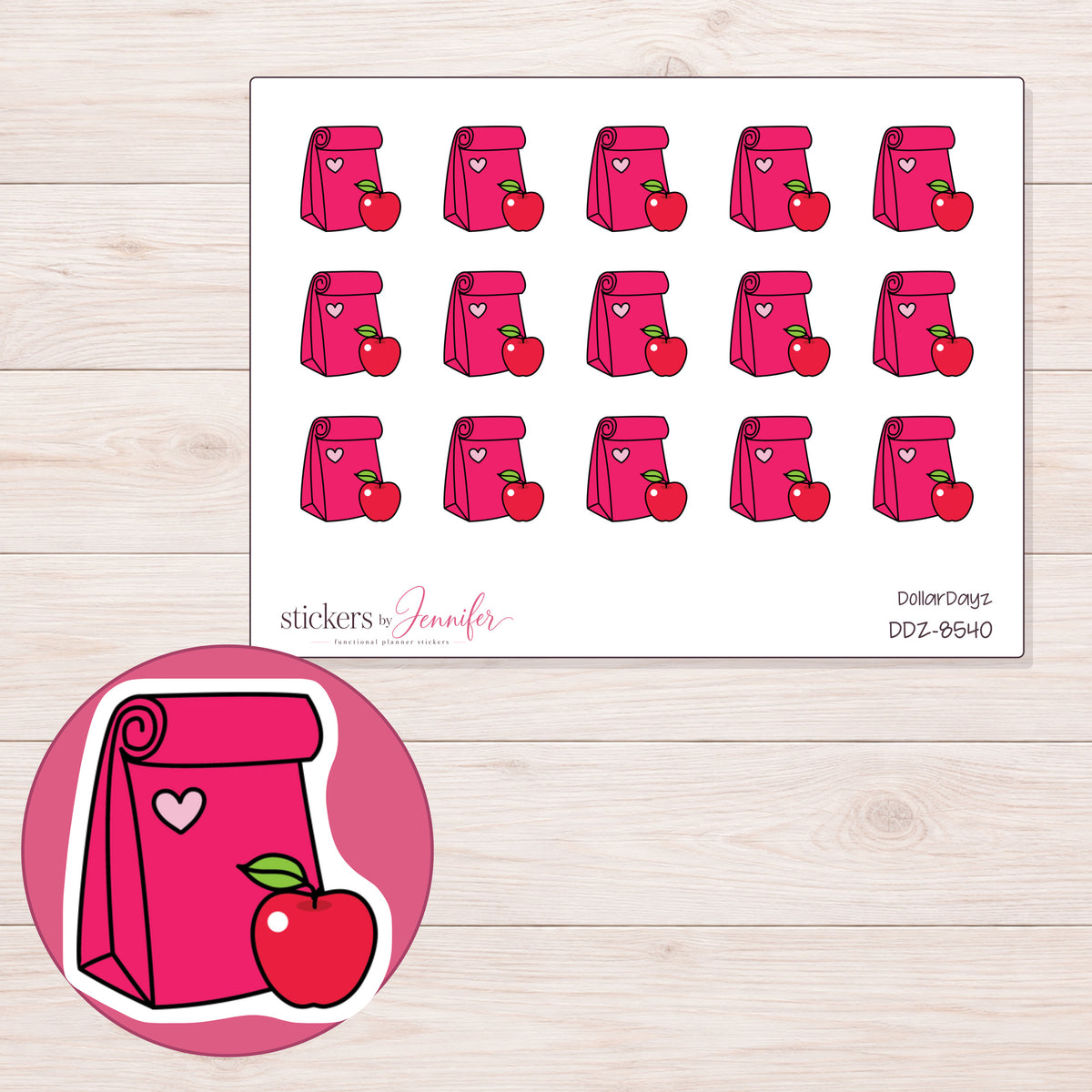 DDZ-8540 planner sticker sheet with enlarged sticker detail