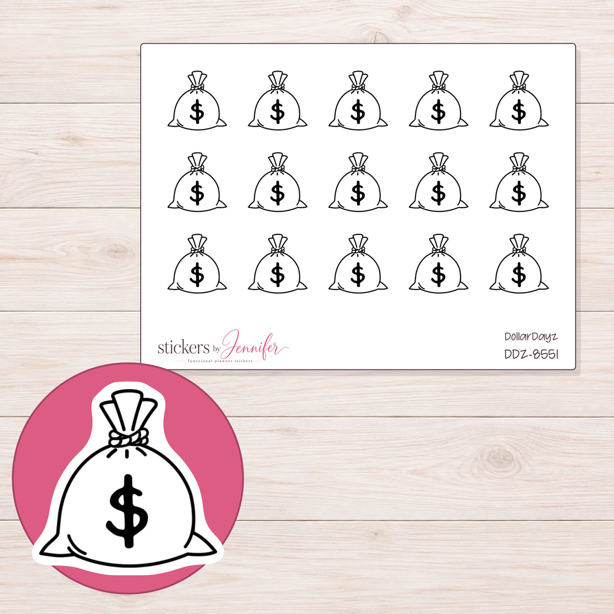 DDZ-8551 planner sticker sheet with enlarged sticker detail