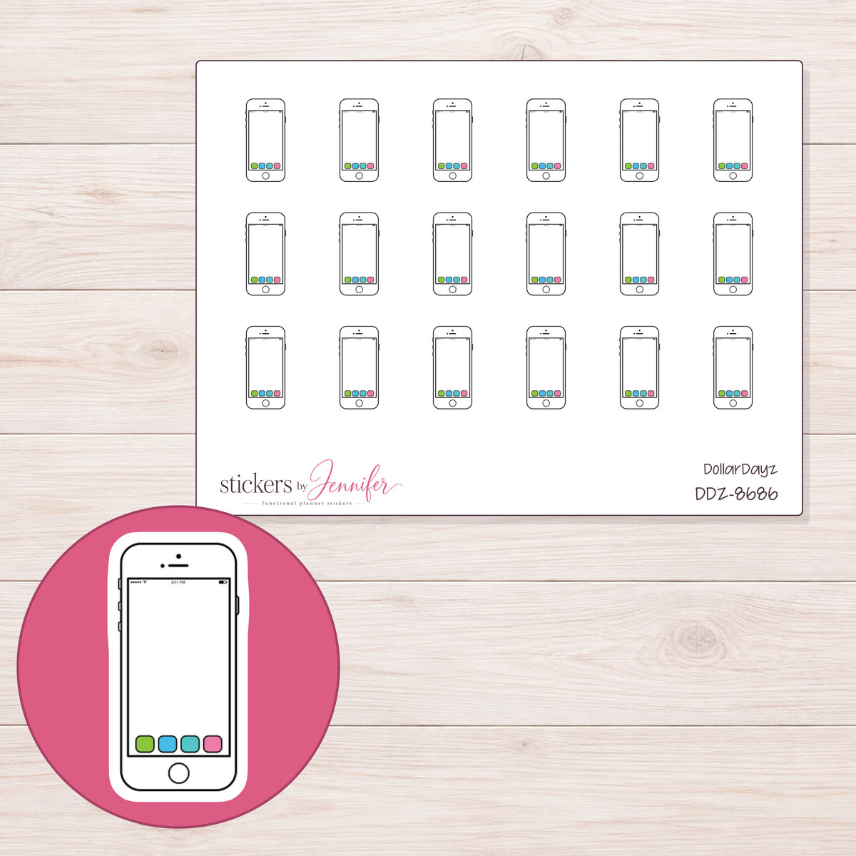 DDZ-8686 planner sticker sheet with enlarged sticker detail