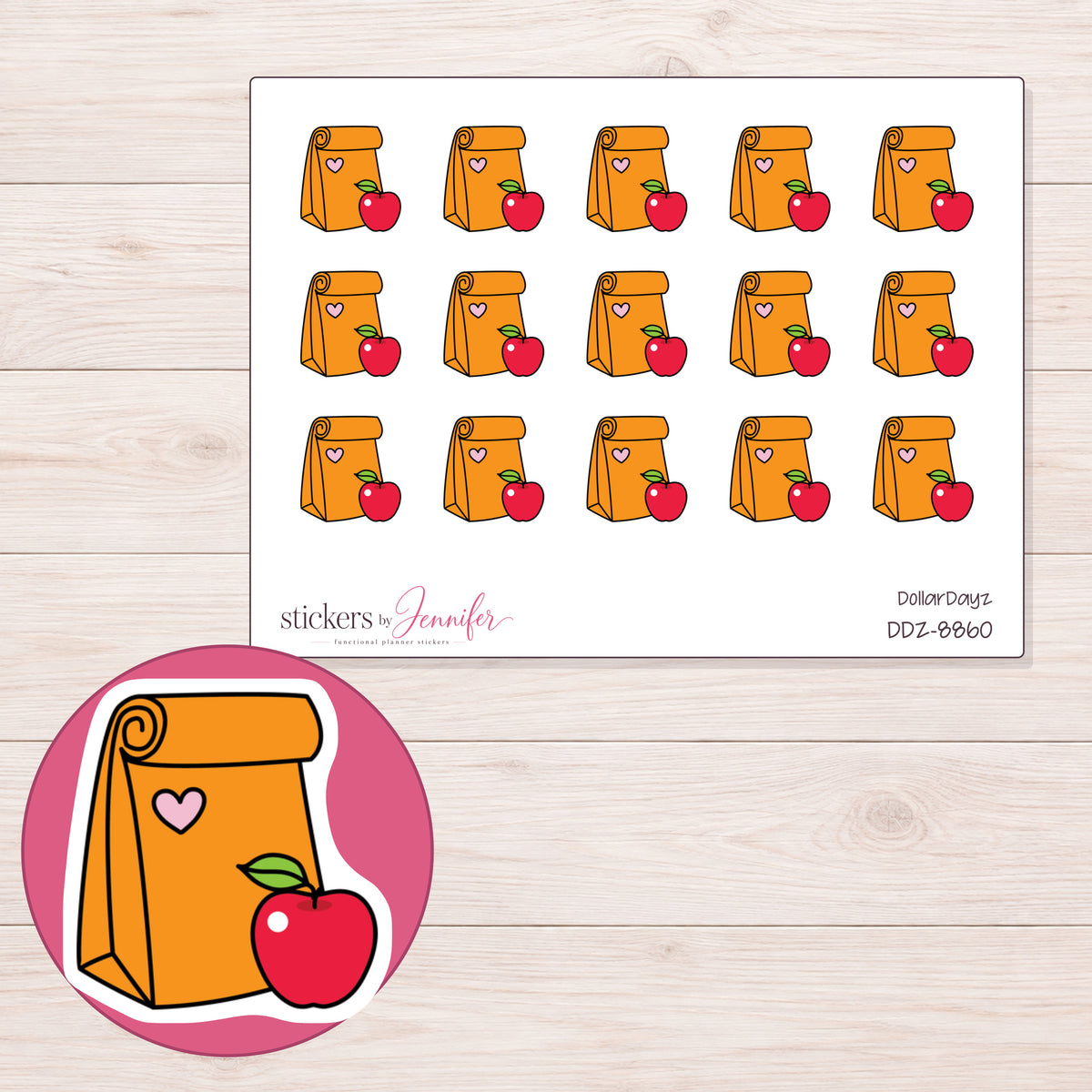 DDZ-8860 planner sticker sheet with enlarged sticker detail