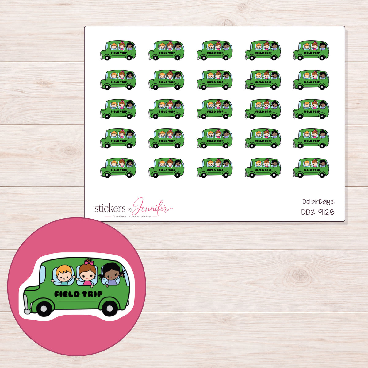 DDZ-9128 planner sticker sheet with enlarged sticker detail