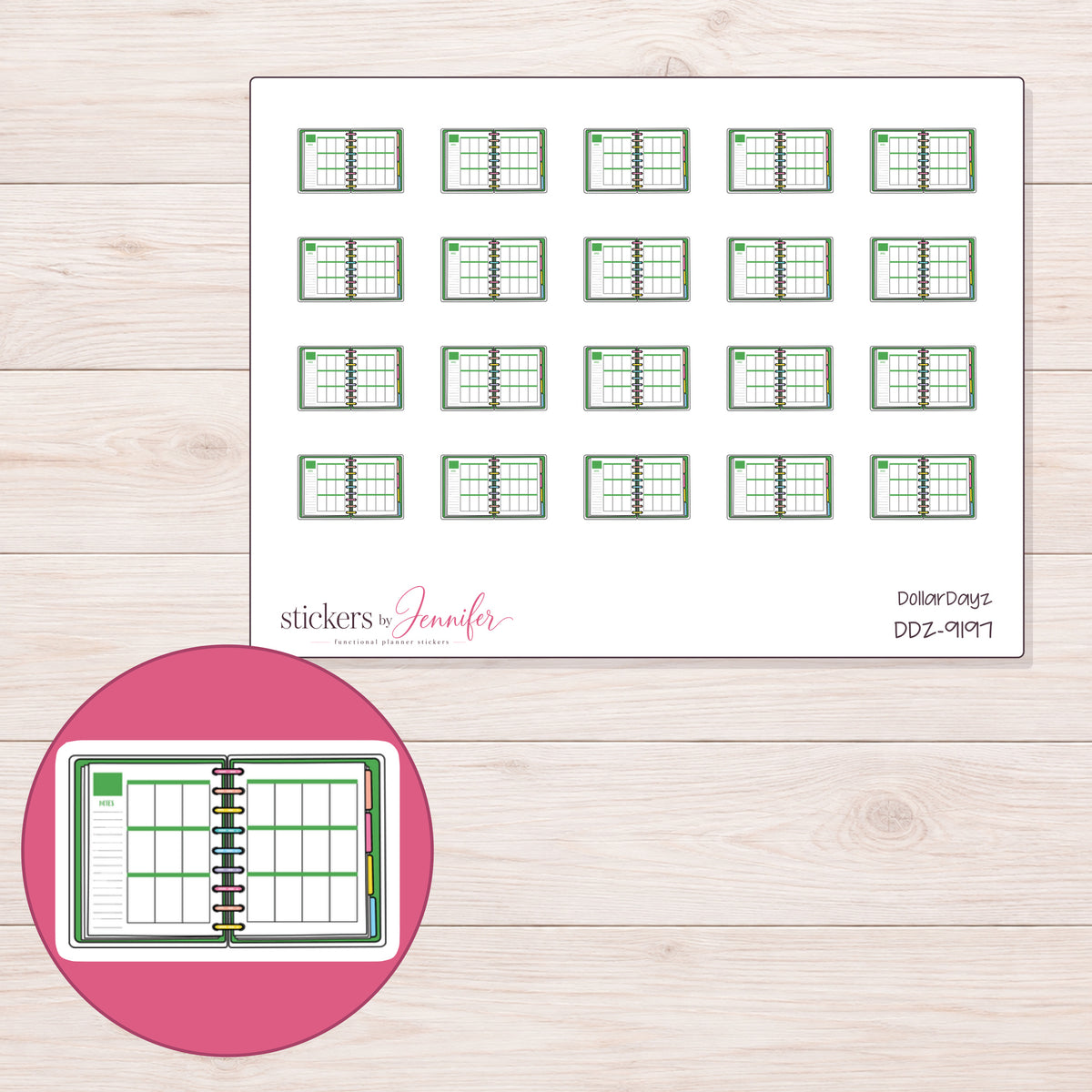 DDZ-9197 planner sticker sheet with enlarged sticker detail
