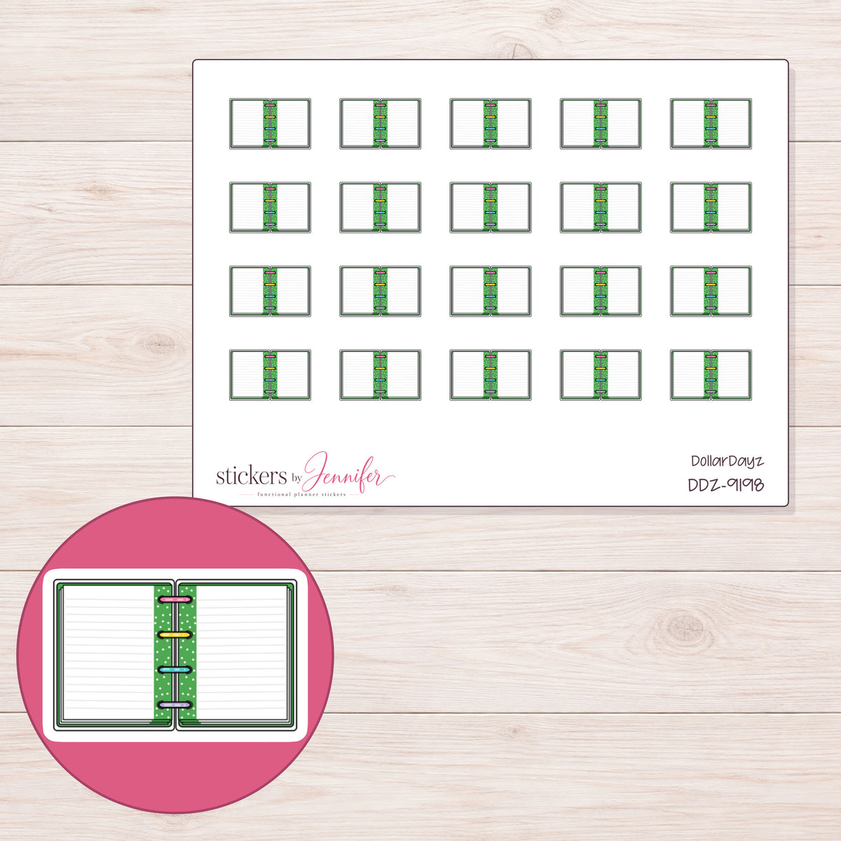 DDZ-9198 planner sticker sheet with enlarged sticker detail
