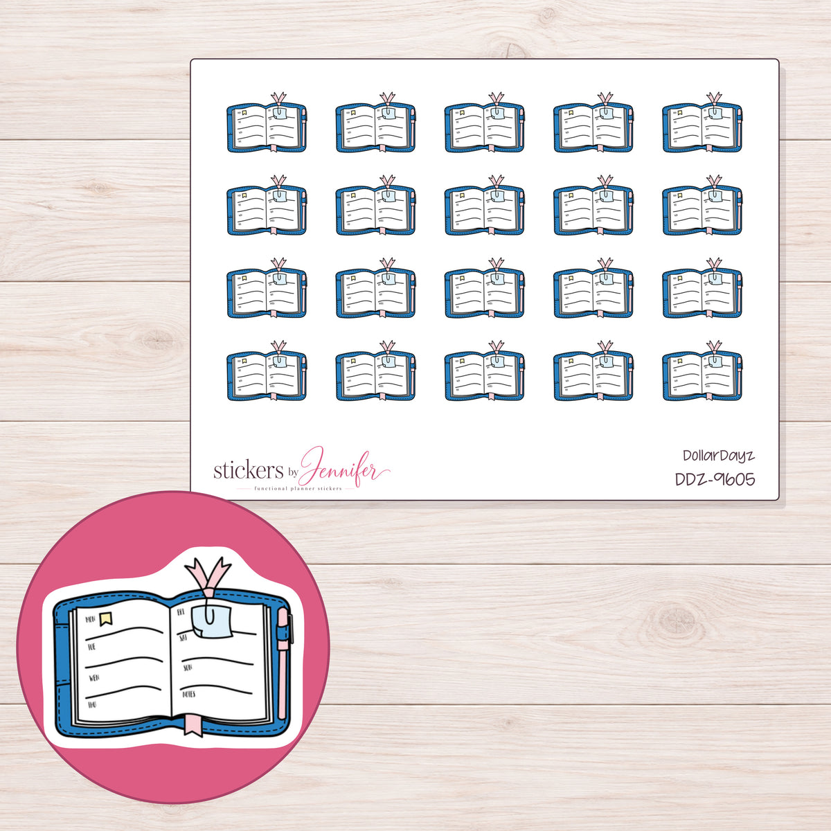 DDZ-9605 planner sticker sheet with enlarged sticker detail