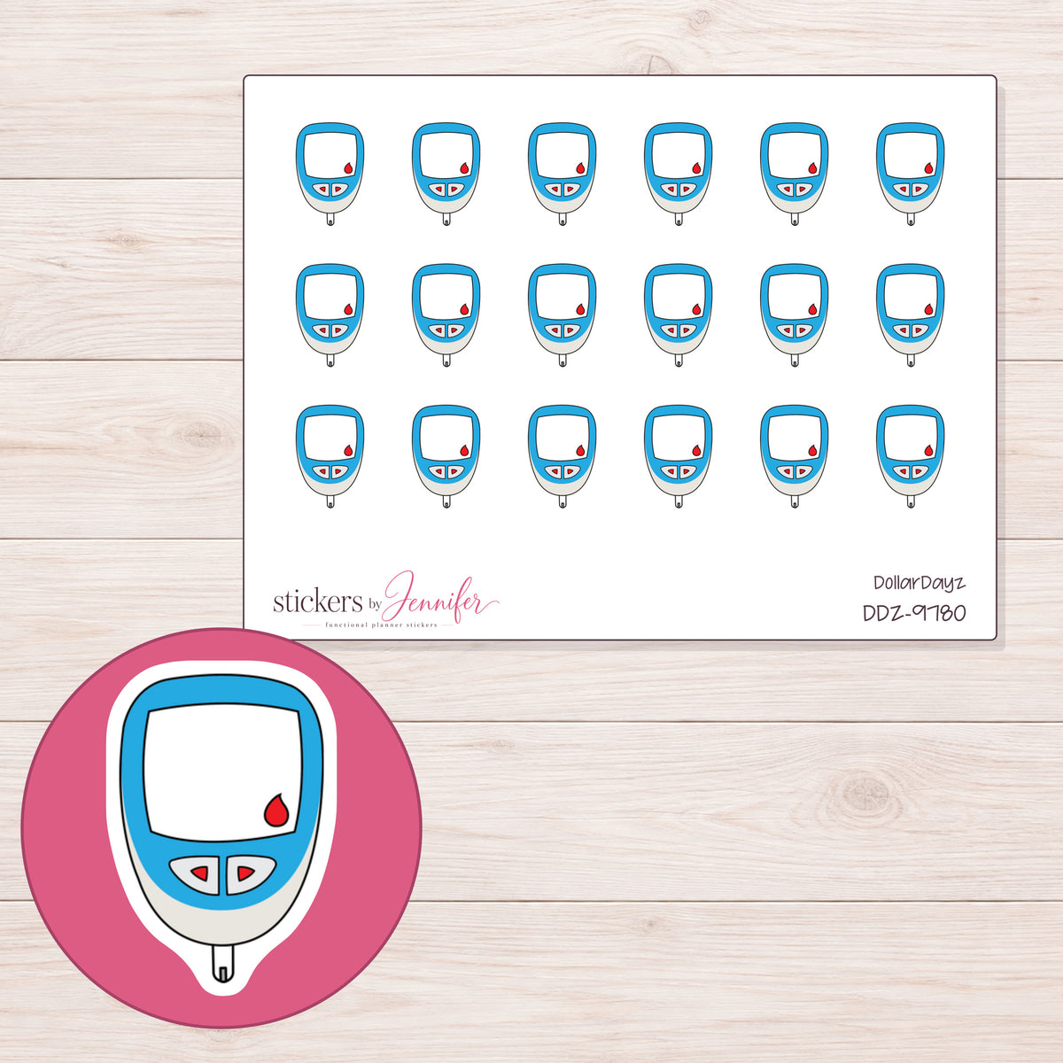 DDZ-9780 planner sticker sheet with enlarged sticker detail